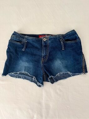 Lazer Jeans Y2K Lace Up Cutoff Denim Shorts Dark Wash Raw Hem Size Juniors 13